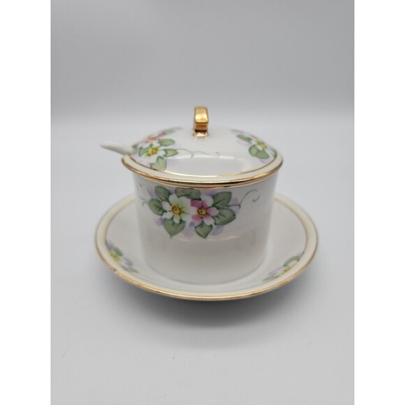 VTG Nippon Hand Painted Sugar Bowl w Attached Under Plate & Spoon Floral Design - Picture 1 of 12